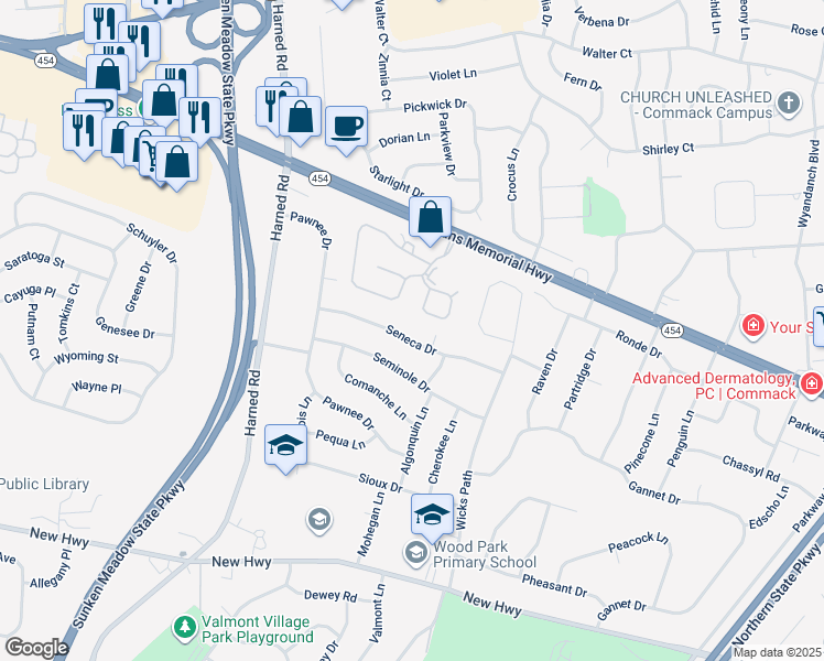 map of restaurants, bars, coffee shops, grocery stores, and more near 64 Scarlett Way in Commack
