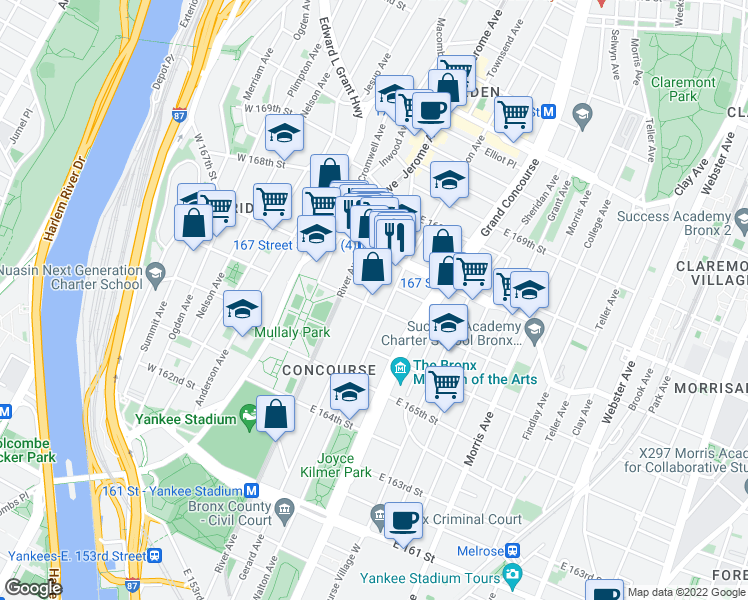 map of restaurants, bars, coffee shops, grocery stores, and more near 1166 River Avenue in The Bronx