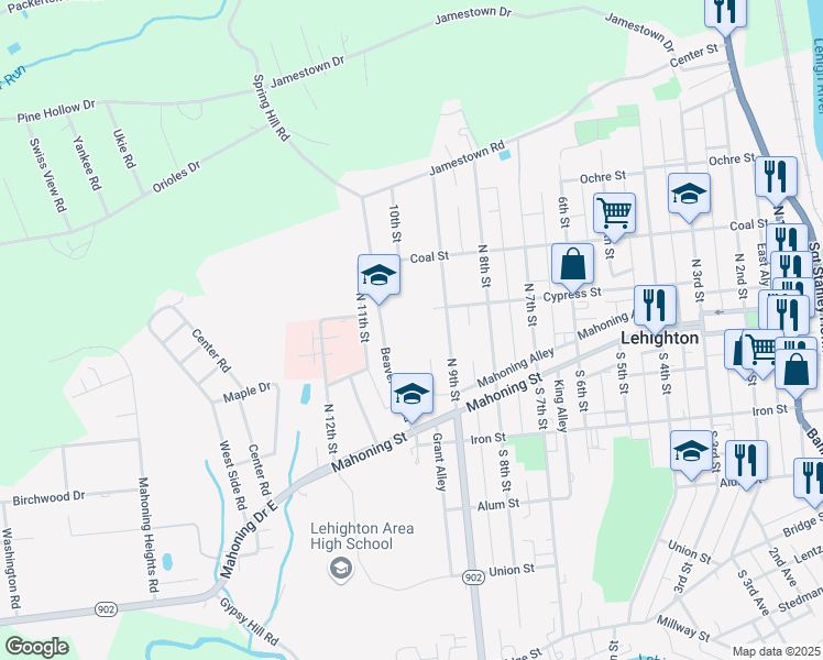 map of restaurants, bars, coffee shops, grocery stores, and more near 301 Beaver Run Road in Lehighton