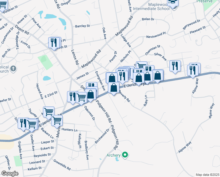map of restaurants, bars, coffee shops, grocery stores, and more near 619 East Jericho Turnpike in Huntington Station