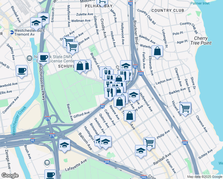 map of restaurants, bars, coffee shops, grocery stores, and more near 2916 Haskin Street in Bronx