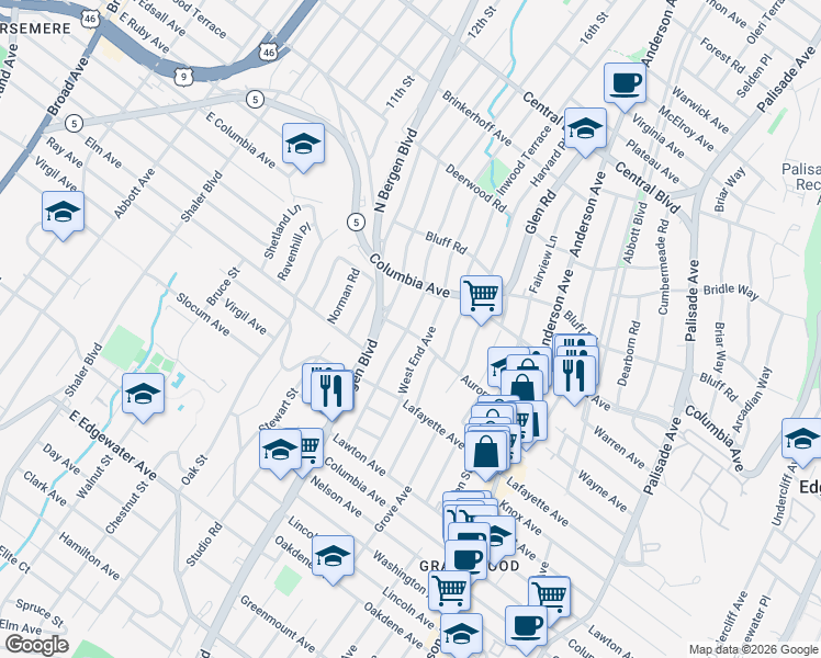 map of restaurants, bars, coffee shops, grocery stores, and more near 808 Kingsland Avenue in Ridgefield