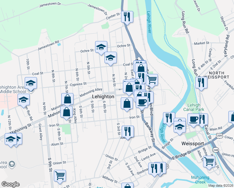map of restaurants, bars, coffee shops, grocery stores, and more near 110 North 3rd Street in Lehighton