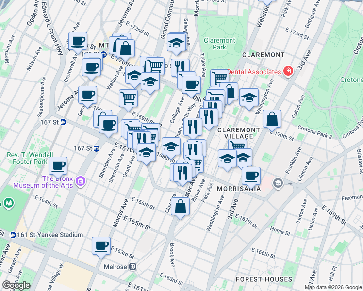 map of restaurants, bars, coffee shops, grocery stores, and more near 354 East 169th Street in Bronx