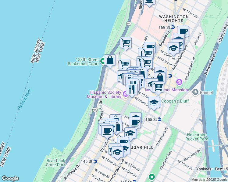map of restaurants, bars, coffee shops, grocery stores, and more near 780 Riverside Drive in New York