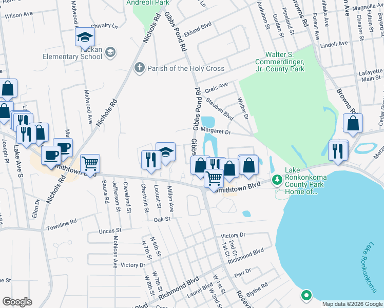 map of restaurants, bars, coffee shops, grocery stores, and more near 477 Gibbs Pond Road in Nesconset