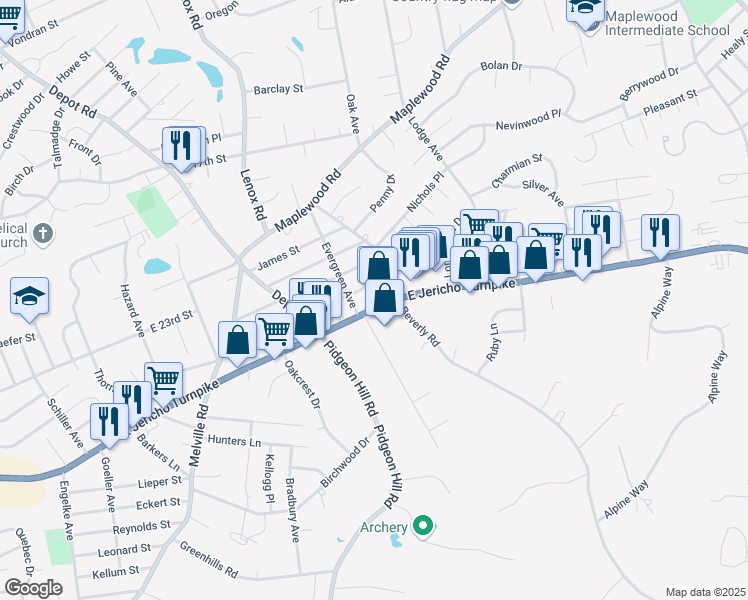 map of restaurants, bars, coffee shops, grocery stores, and more near 619 East Jericho Turnpike in Huntington Station