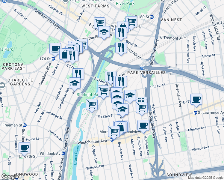 map of restaurants, bars, coffee shops, grocery stores, and more near 1413 Bronx River Avenue in Bronx