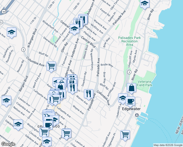 map of restaurants, bars, coffee shops, grocery stores, and more near 1078 Dearborn Road in Fort Lee