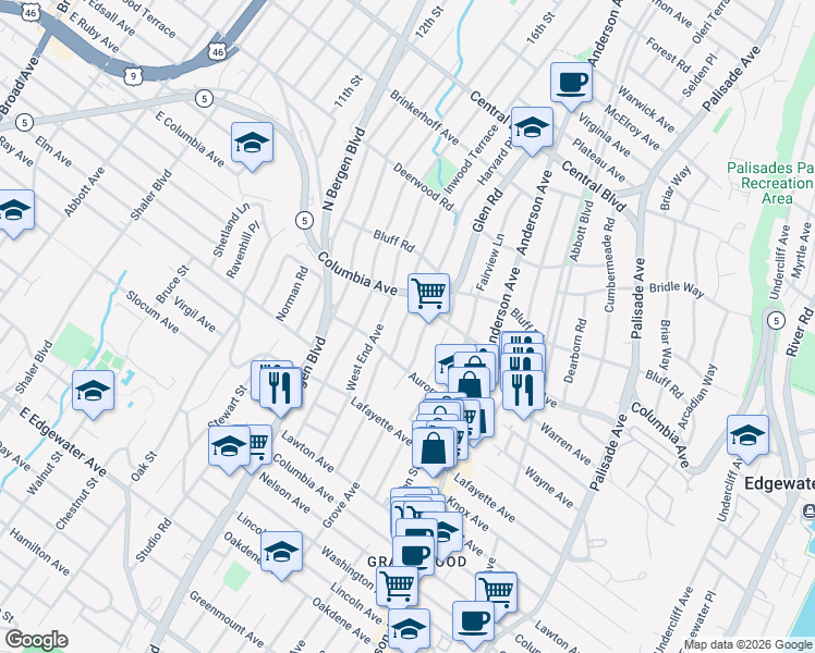 map of restaurants, bars, coffee shops, grocery stores, and more near 817 Inwood Terrace in Fort Lee