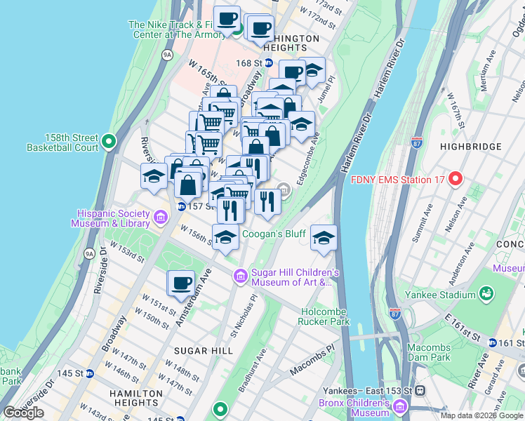 map of restaurants, bars, coffee shops, grocery stores, and more near 974 St Nicholas Ave in New York