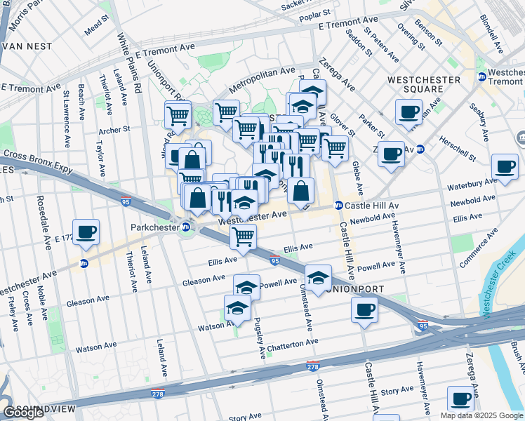 map of restaurants, bars, coffee shops, grocery stores, and more near 2021 Benedict Avenue in Bronx