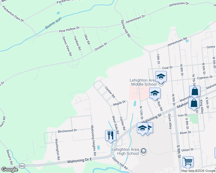 map of restaurants, bars, coffee shops, grocery stores, and more near 428 Center Rd in Lehighton