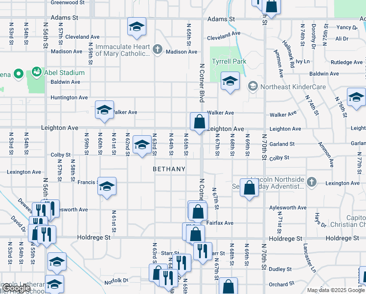 map of restaurants, bars, coffee shops, grocery stores, and more near 2212 North 65th Street in Lincoln