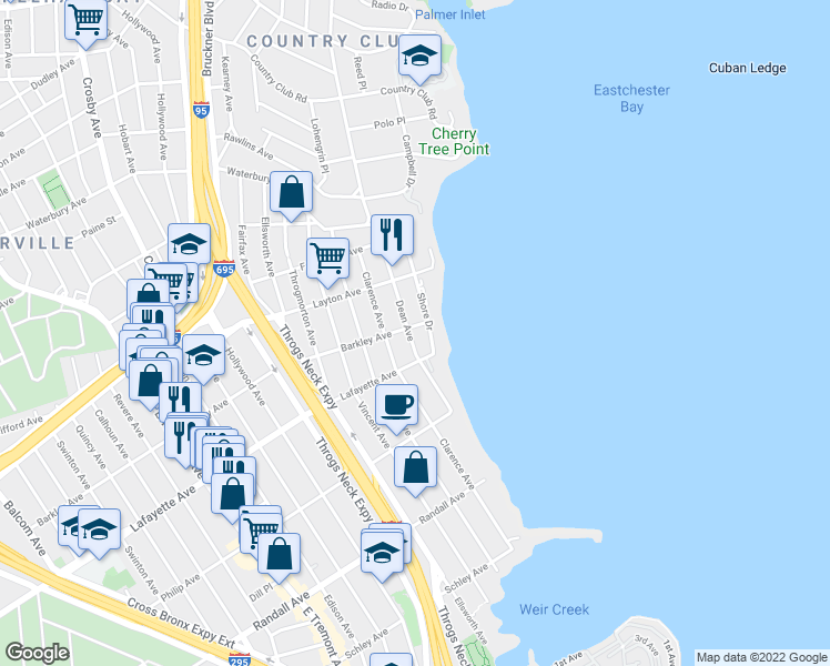 map of restaurants, bars, coffee shops, grocery stores, and more near 1444 Shore Drive in Bronx