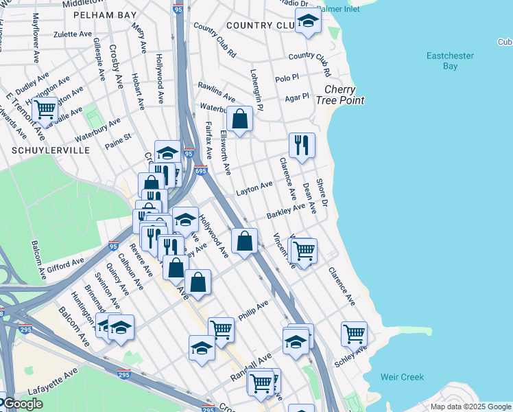 map of restaurants, bars, coffee shops, grocery stores, and more near 3184 Layton Avenue in Bronx