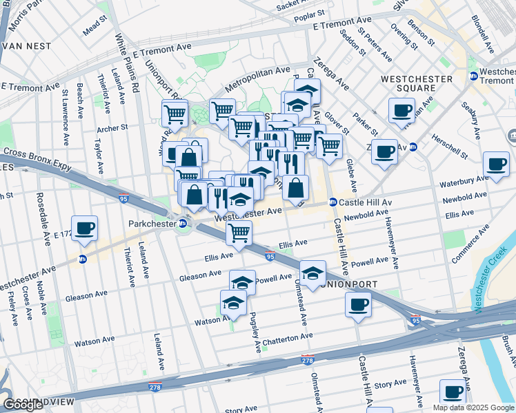 map of restaurants, bars, coffee shops, grocery stores, and more near 2021 Benedict Avenue in Bronx