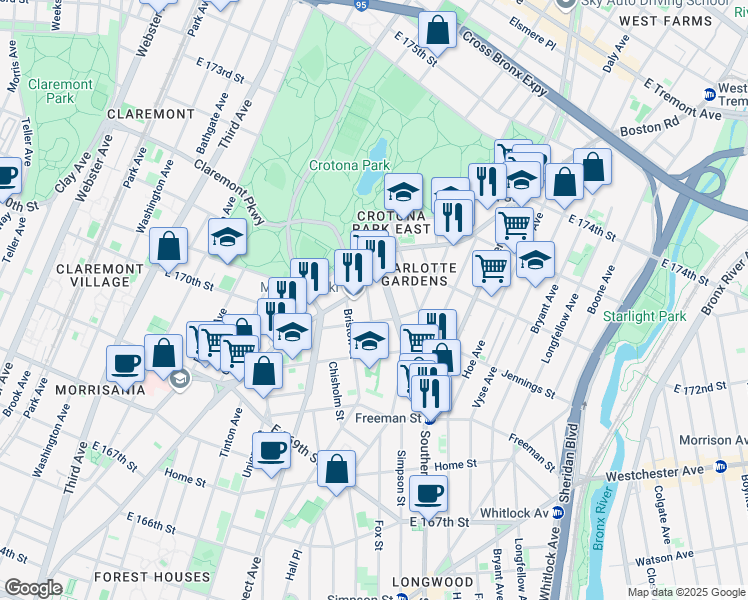 map of restaurants, bars, coffee shops, grocery stores, and more near 1494 Boston Road in Bronx