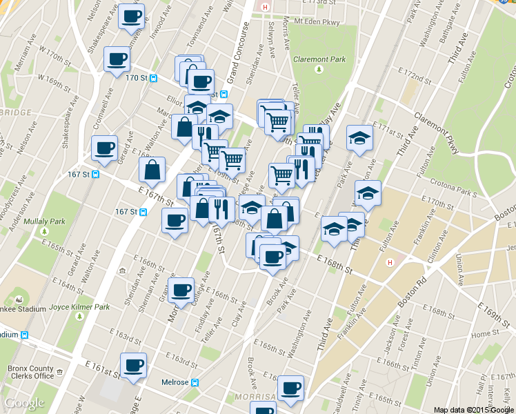 map of restaurants, bars, coffee shops, grocery stores, and more near 354 East 169th Street in Bronx