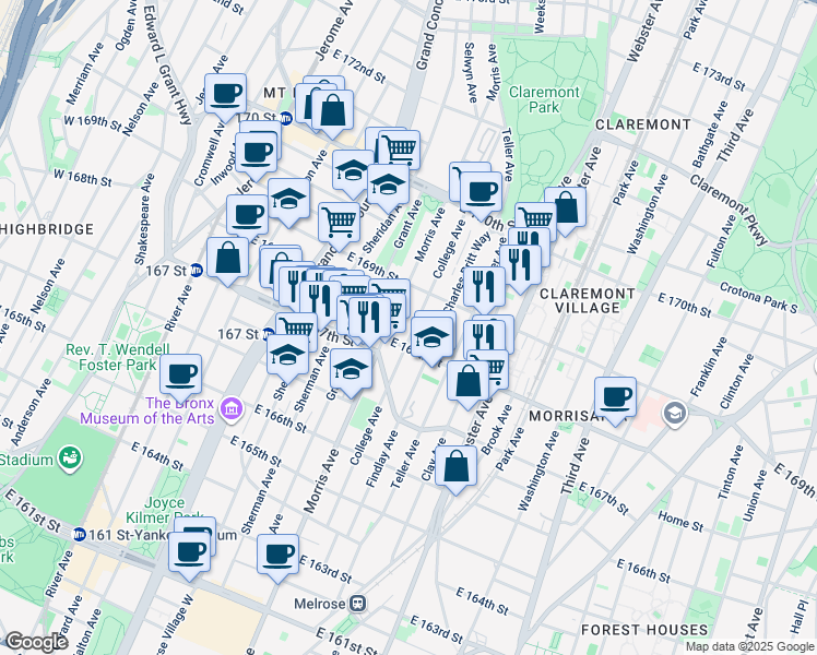 map of restaurants, bars, coffee shops, grocery stores, and more near in The Bronx