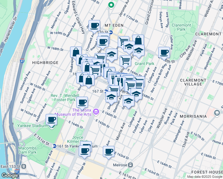 map of restaurants, bars, coffee shops, grocery stores, and more near 188 East 167th Street in The Bronx