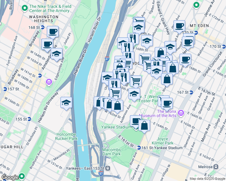 map of restaurants, bars, coffee shops, grocery stores, and more near 1049 Ogden Avenue in Bronx