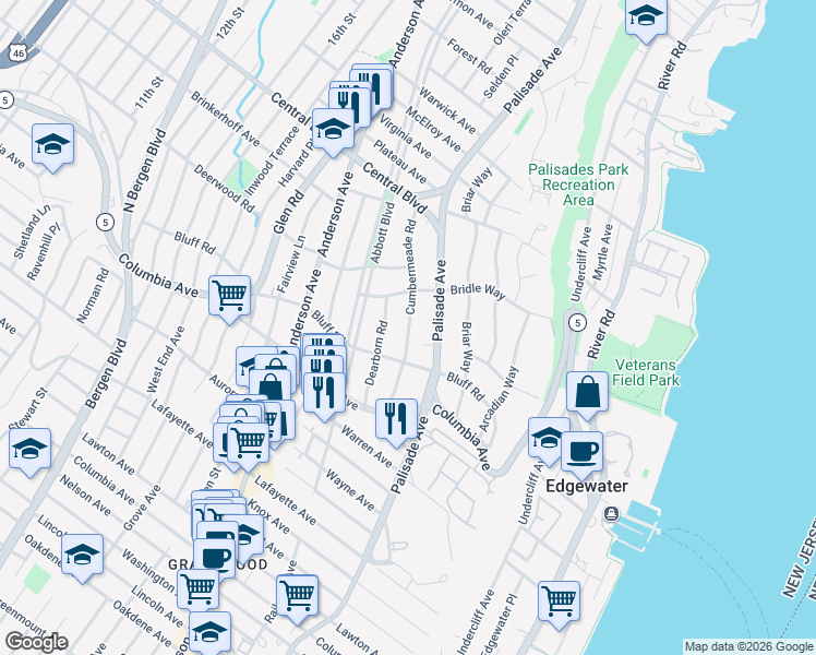 map of restaurants, bars, coffee shops, grocery stores, and more near 1078 Dearborn Road in Fort Lee