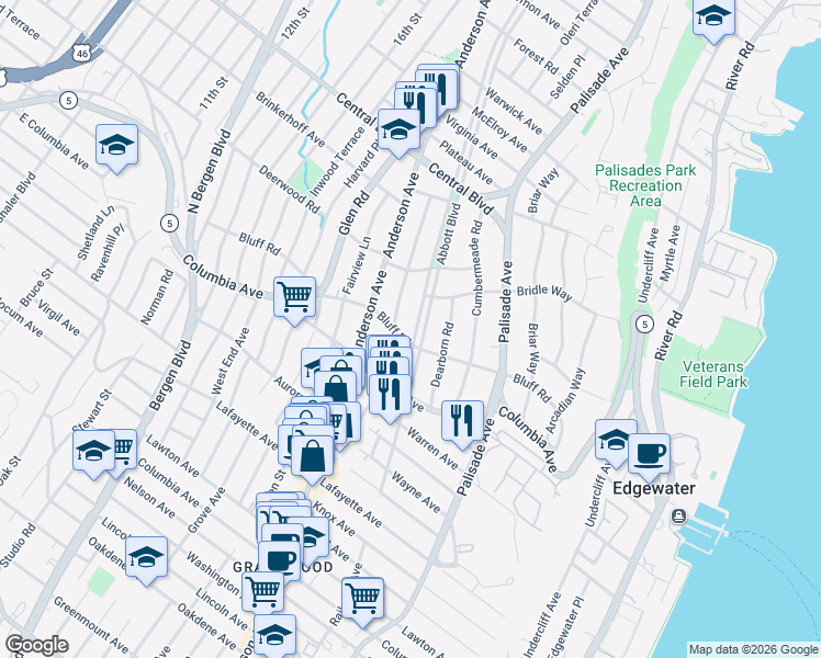 map of restaurants, bars, coffee shops, grocery stores, and more near 1068 Abbott Boulevard in Fort Lee