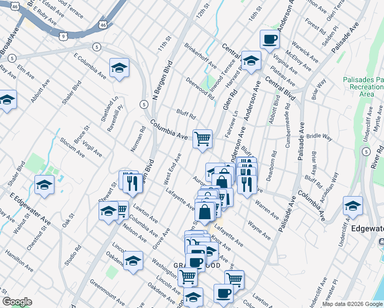 map of restaurants, bars, coffee shops, grocery stores, and more near 817 Inwood Terrace in Fort Lee