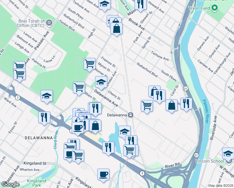 map of restaurants, bars, coffee shops, grocery stores, and more near 188 Cambridge Court in Clifton