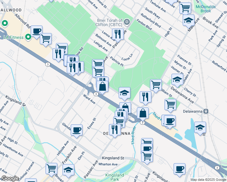 map of restaurants, bars, coffee shops, grocery stores, and more near 111 Allwood Road in Clifton