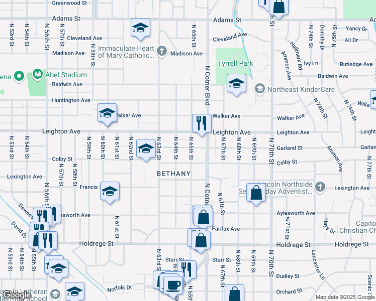 map of restaurants, bars, coffee shops, grocery stores, and more near 2212 North 65th Street in Lincoln