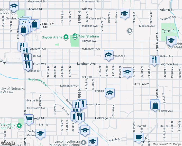 map of restaurants, bars, coffee shops, grocery stores, and more near 2201 North 58th Street in Lincoln