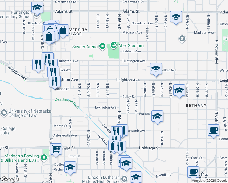map of restaurants, bars, coffee shops, grocery stores, and more near 5444 Garland Street in Lincoln
