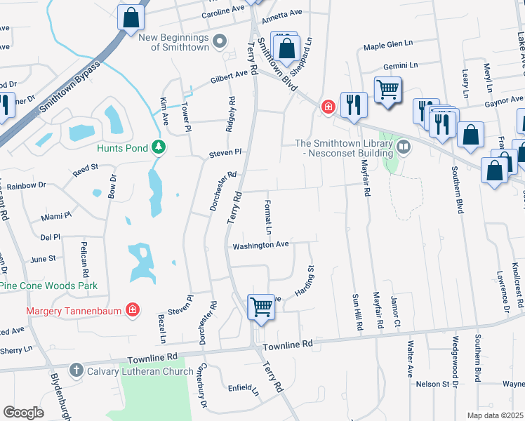 map of restaurants, bars, coffee shops, grocery stores, and more near 4 Lincoln Avenue in Smithtown
