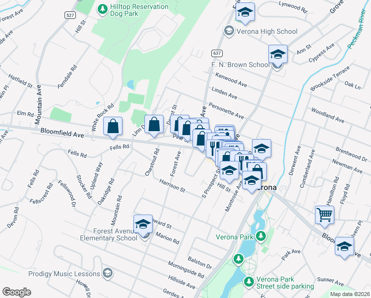map of restaurants, bars, coffee shops, grocery stores, and more near 25 Pine Street in Verona