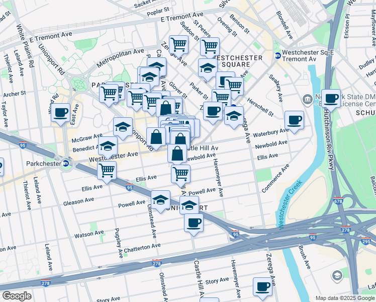 map of restaurants, bars, coffee shops, grocery stores, and more near in The Bronx