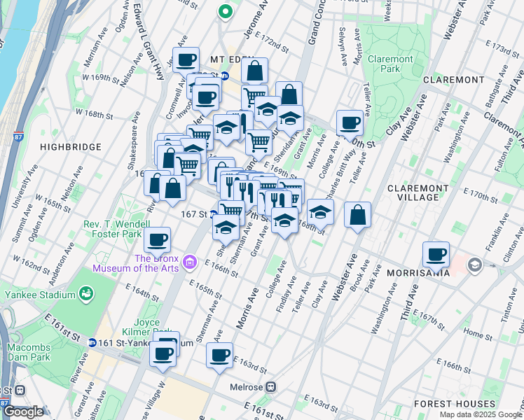 map of restaurants, bars, coffee shops, grocery stores, and more near in The Bronx