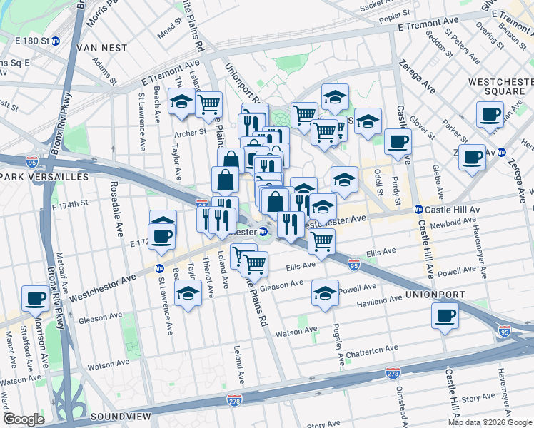 map of restaurants, bars, coffee shops, grocery stores, and more near 346 Metropolitan Avenue in Bronx