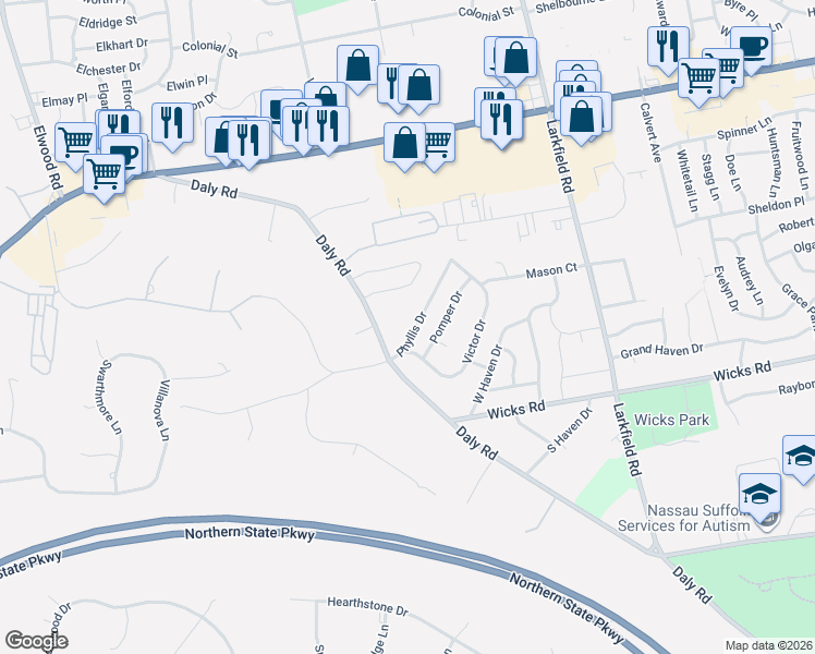 map of restaurants, bars, coffee shops, grocery stores, and more near 11 Phyllis Drive in East Northport