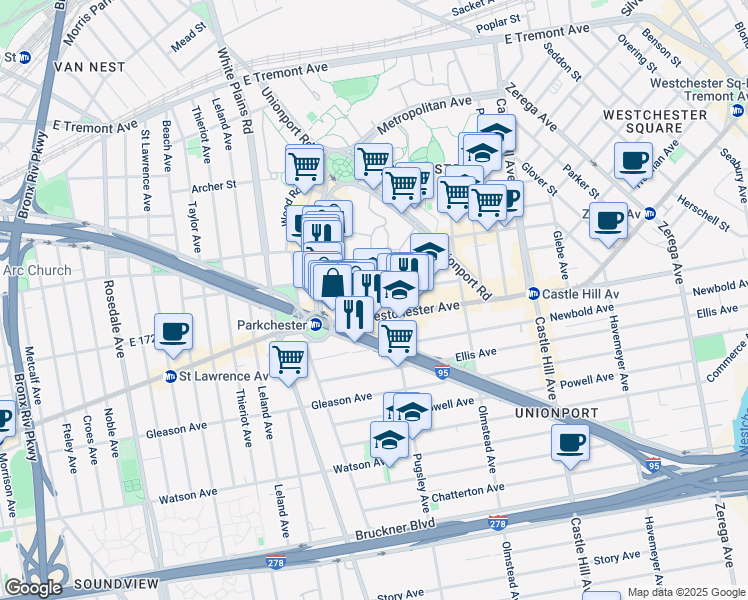 map of restaurants, bars, coffee shops, grocery stores, and more near 1960 Benedict Avenue in Bronx