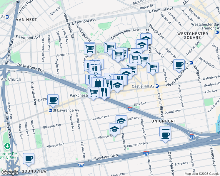 map of restaurants, bars, coffee shops, grocery stores, and more near 1960 Benedict Avenue in Bronx