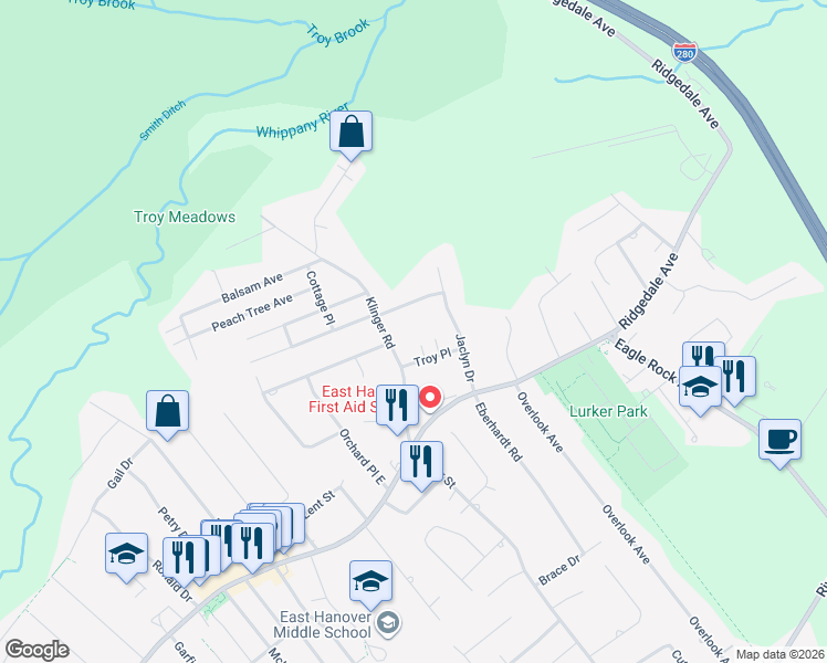 map of restaurants, bars, coffee shops, grocery stores, and more near 21 East Harvest Avenue in East Hanover