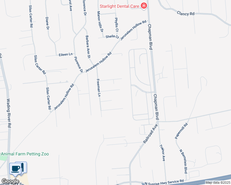 map of restaurants, bars, coffee shops, grocery stores, and more near 87 Freeman Lane in Manorville