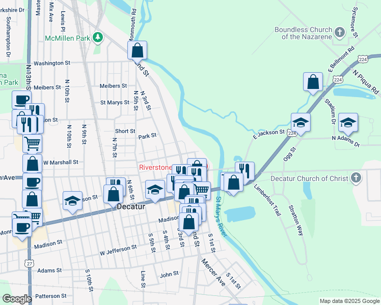 map of restaurants, bars, coffee shops, grocery stores, and more near 104 West Marshall Street in Decatur