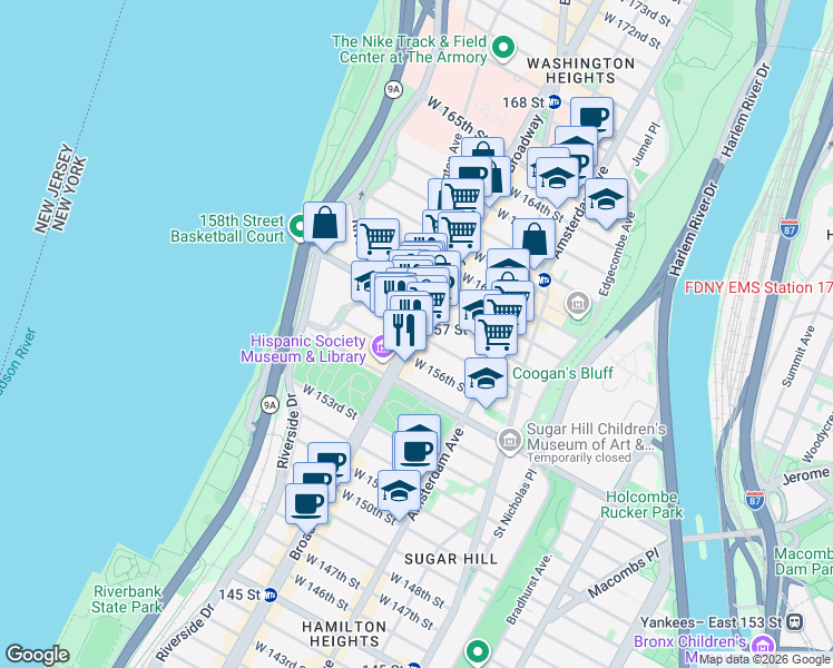 map of restaurants, bars, coffee shops, grocery stores, and more near Broadway & W 157th St in New York
