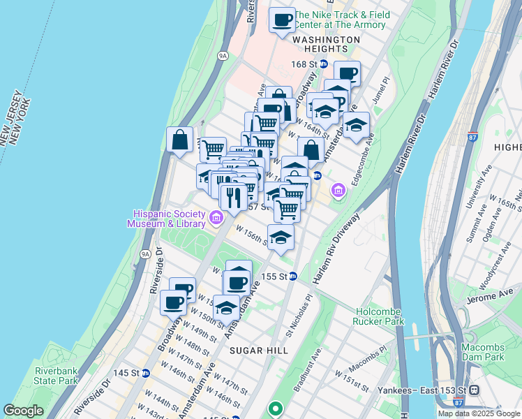 map of restaurants, bars, coffee shops, grocery stores, and more near 556 West 158th Street in New York