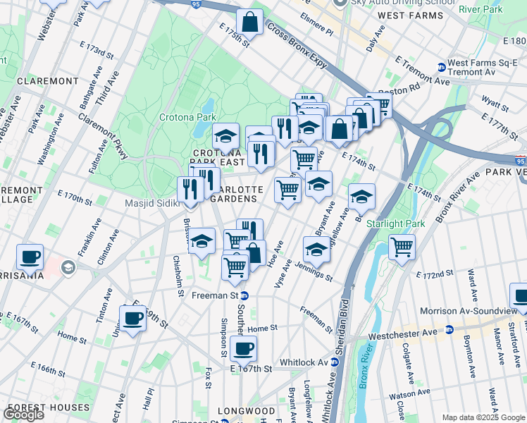 map of restaurants, bars, coffee shops, grocery stores, and more near in The Bronx