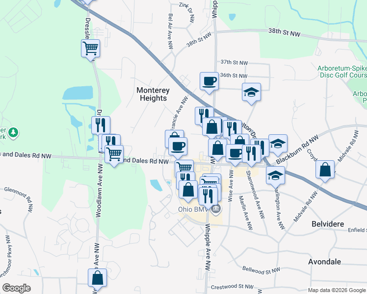 map of restaurants, bars, coffee shops, grocery stores, and more near 3215 Whipple Avenue Northwest in Canton