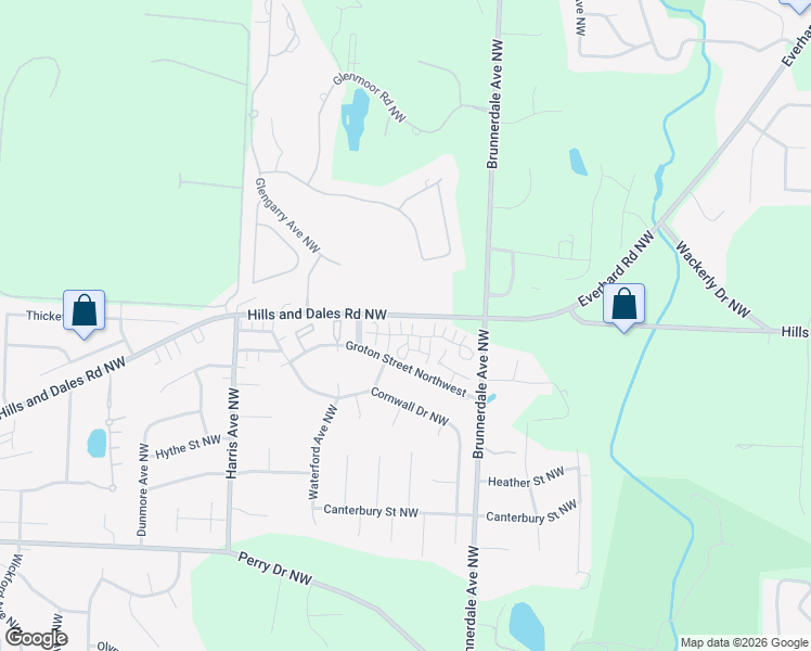 map of restaurants, bars, coffee shops, grocery stores, and more near 3615 Barrington Place Northwest in Canton